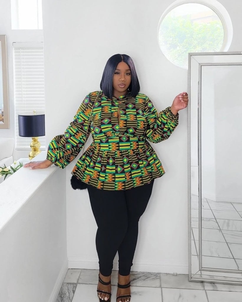 Multicolored Print Peplum Top with Black Leggings — Trendy Business Casual Outfits Black Women