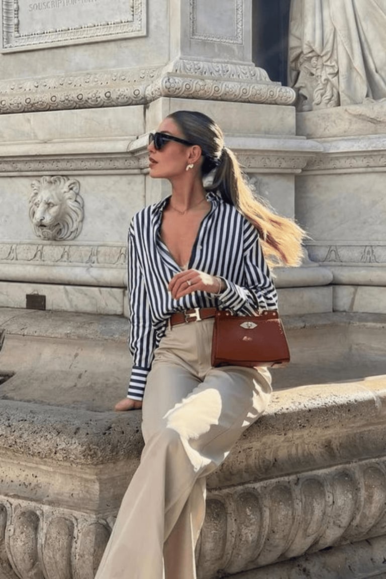 Striped Shirt with Beige Twill Trousers Striped Shirt with Beige Twill Trousers — Trendy Business Outfits