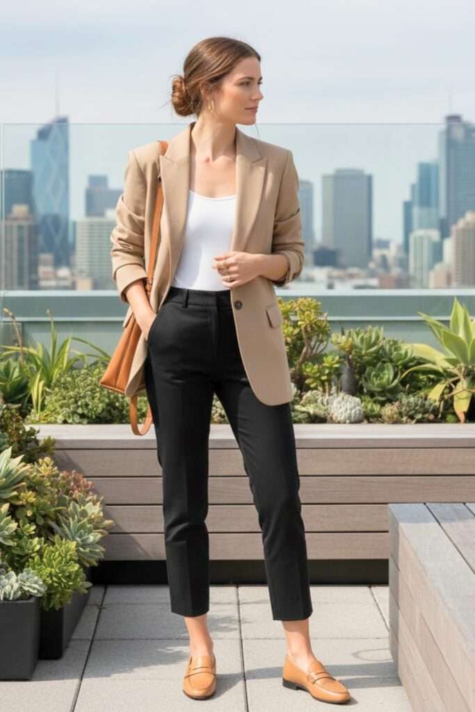 Beige Blazer with Cropped Trousers and Cotton Blend Beige Blazer with Cropped Trousers and Cotton Blend — Trendy Business Outfits