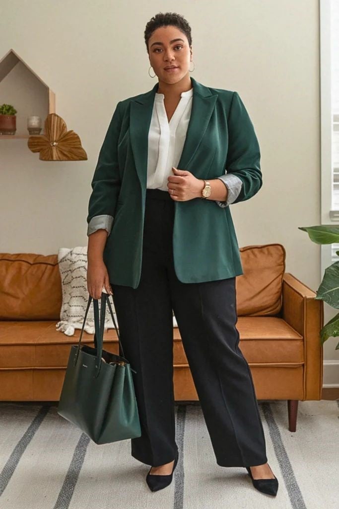 Dark Green Blazer with Black Trousers and Pointed Toe Heels Dark Green Blazer with Black Trousers and Pointed Toe Heels — Trendy Business Outfits
