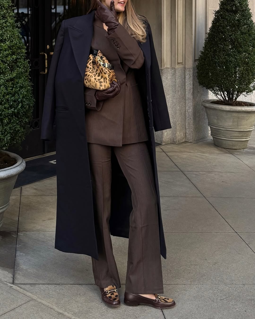 Navy Overcoat with Wide Leg Trousers Navy Overcoat with Wide Leg Trousers — Trendy Business Outfits