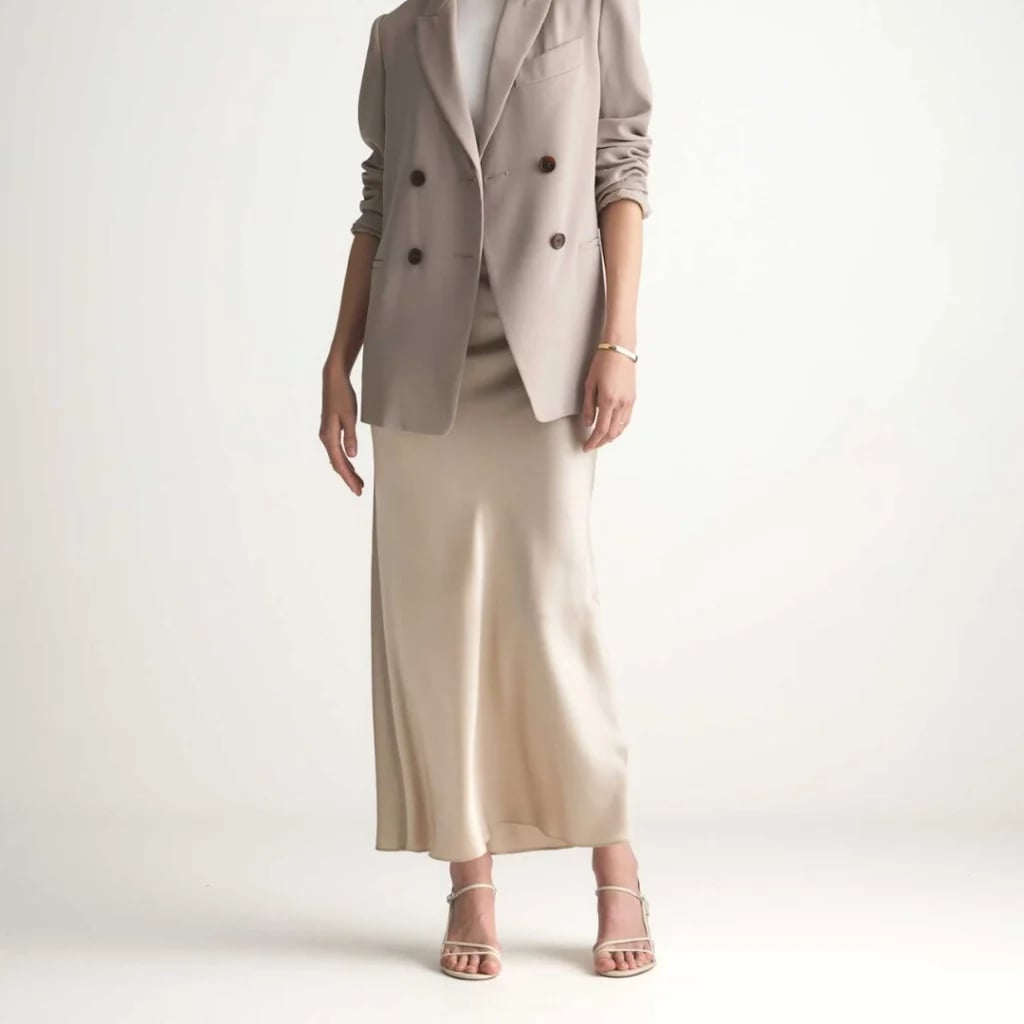Double-Breasted Blazer with Satin Slip Skirt Double-Breasted Blazer with Satin Slip Skirt — Trendy Business Outfits