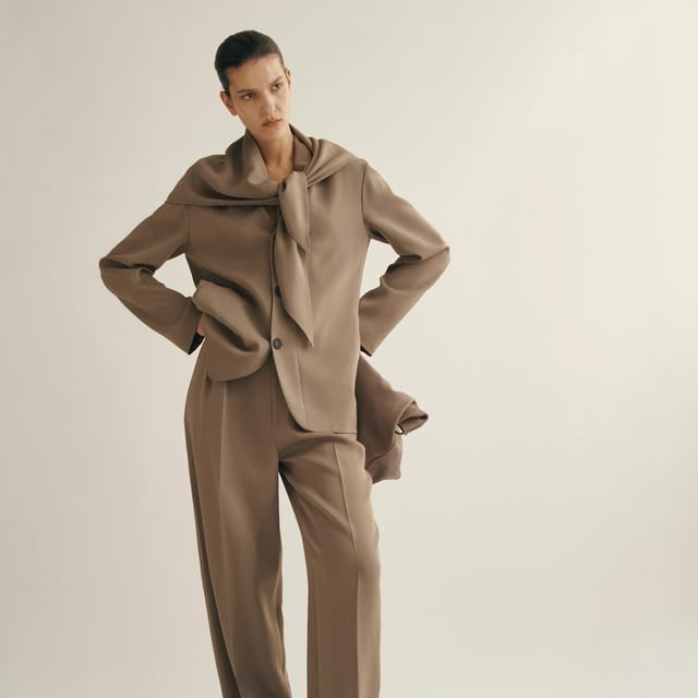 Taupe Oversized Suit with Scarf Detail Taupe Oversized Suit with Scarf Detail — Trendy Business Outfits