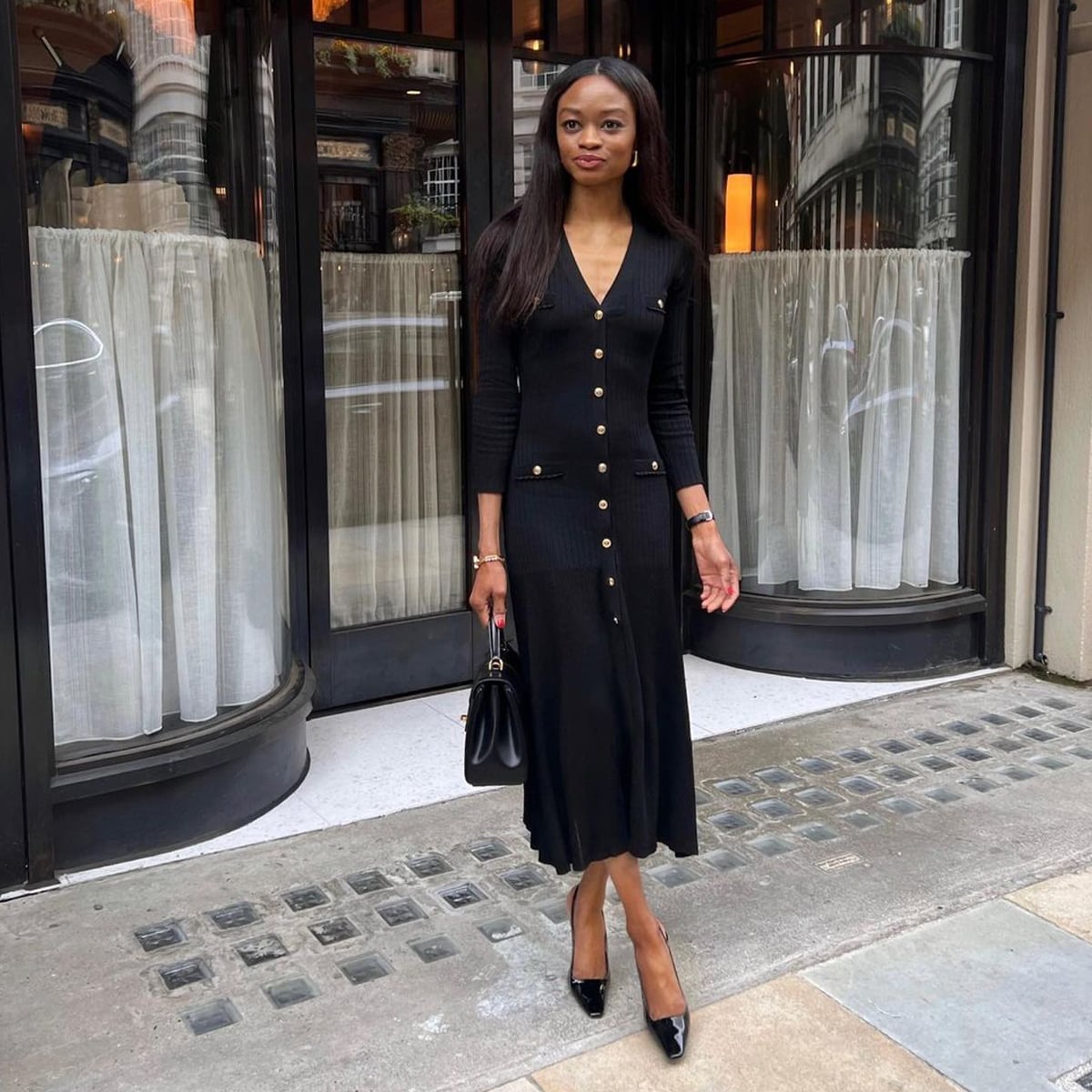 Fitted Midi Dress with Gold Button Detail Fitted Midi Dress with Gold Button Detail — Trendy Business Outfits