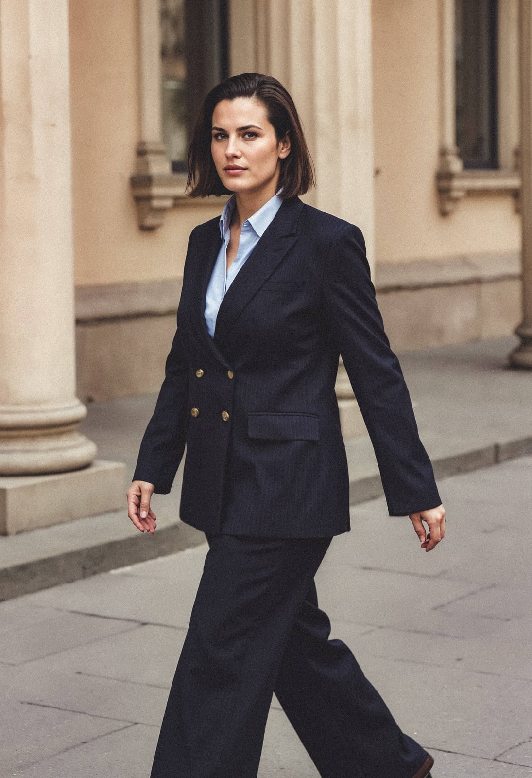 Navy Double-Breasted Blazer with Wide-Leg Trousers Navy Double-Breasted Blazer with Wide-Leg Trousers — Trendy Business Professional Outfits