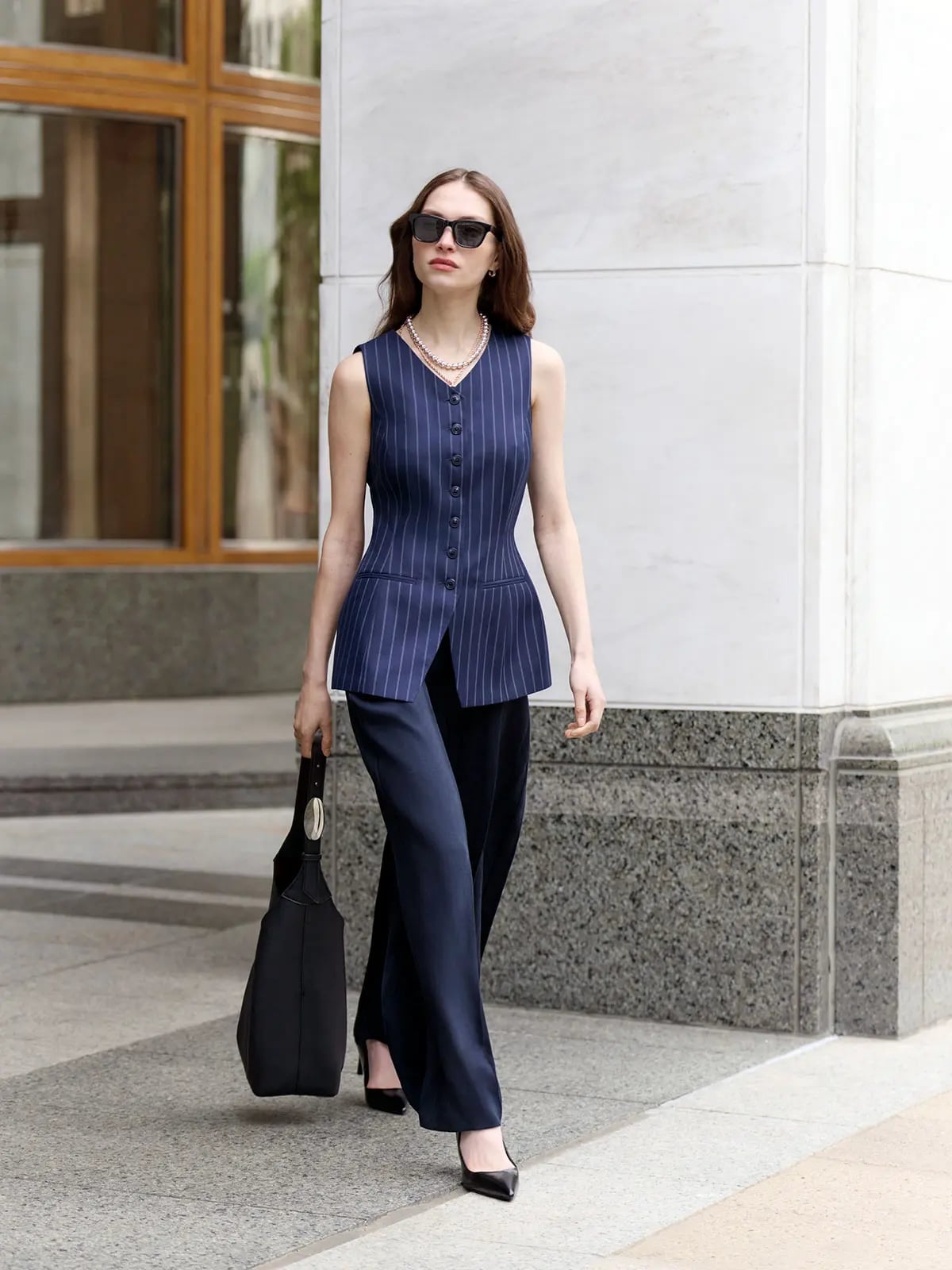 Pinstripe Peplum Vest and Wide-Leg Trousers Pinstripe Peplum Vest and Wide-Leg Trousers — Trendy Business Professional Outfits