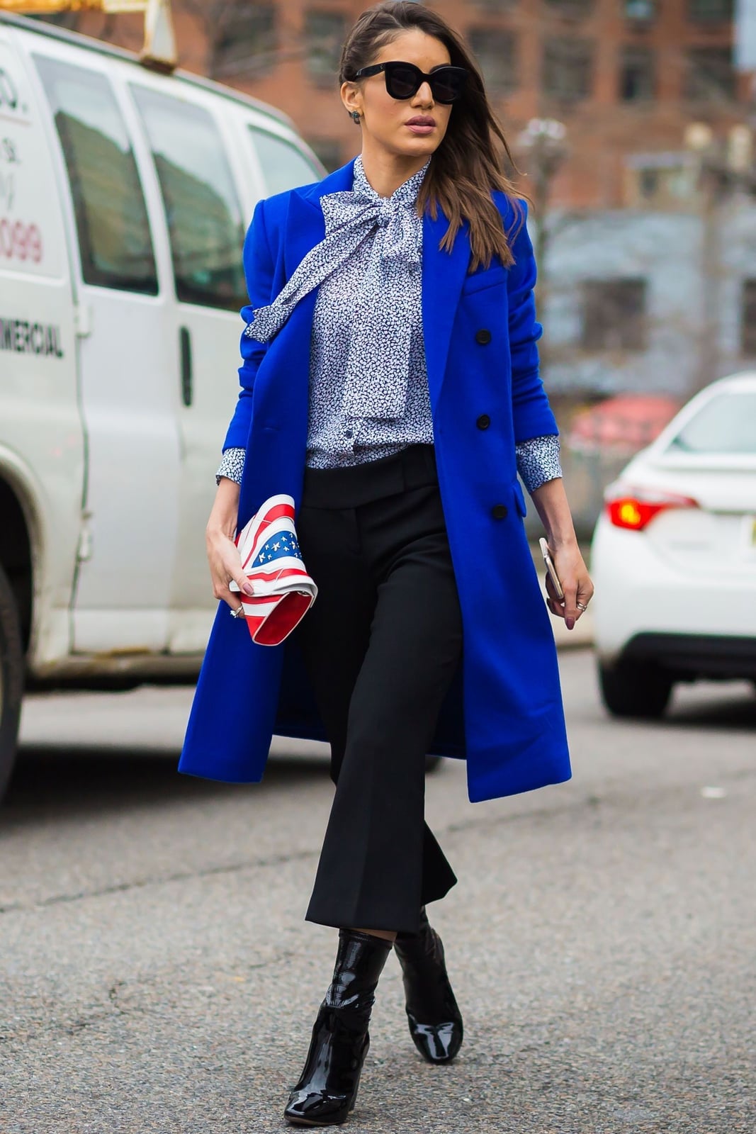 Royal Blue Double-Breasted Coat Over Patterned Blouse Royal Blue Double-Breasted Coat Over Patterned Blouse — Trendy Business Professional Outfits