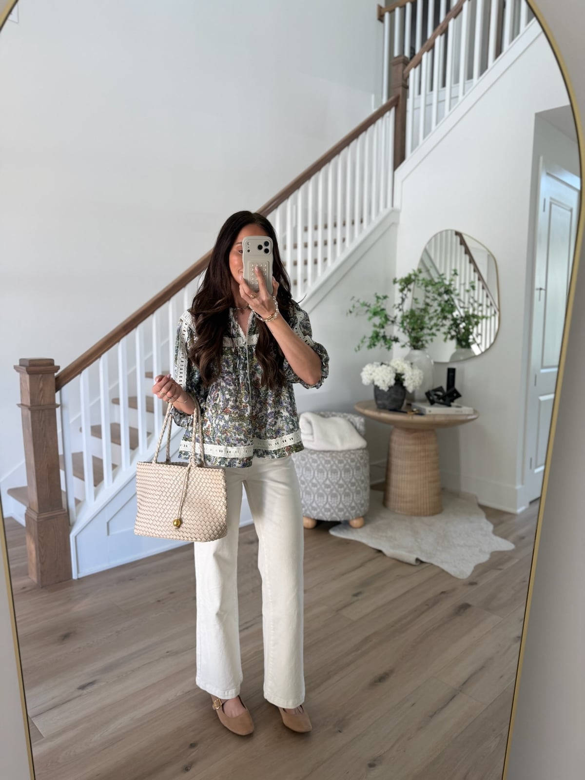 Printed Peasant Blouse with White Wide-Leg Jeans Printed Peasant Blouse with White Wide-Leg Jeans — Trendy Business Professional Outfits
