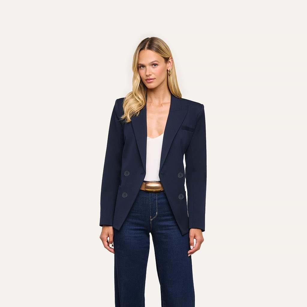 Navy Double-Breasted Blazer with White Tank, Office-Safe Version Navy Double-Breasted Blazer with White Tank, Office-Safe Version — Trendy Business Professional Outfits