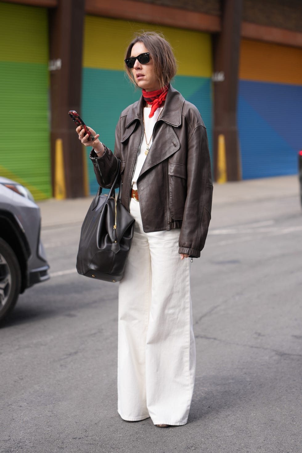 Leather Jacket Over White Tee with White Wide-Leg Pants Leather Jacket Over White Tee with White Wide-Leg Pants — Trendy Business Professional Outfits