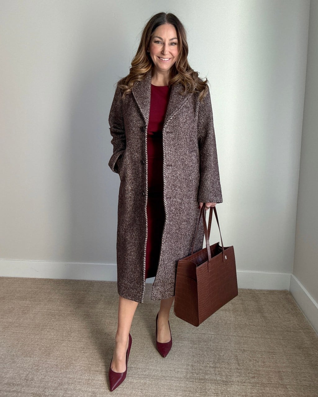 Burgundy Dress with Long Herringbone Tweed Coat Burgundy Dress with Long Herringbone Tweed Coat — Trendy Business Professional Outfits