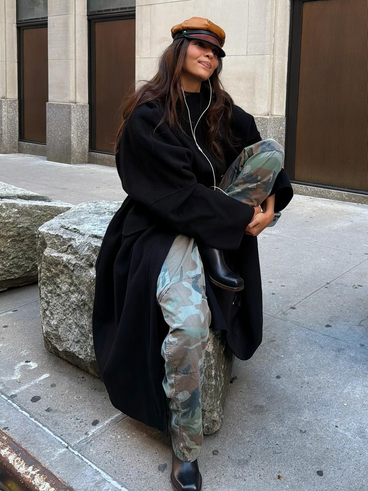Wide Leg Camo Trousers With Long Black Coat Wide Leg Camo Trousers With Long Black Coat — Trendy Camo Outfits