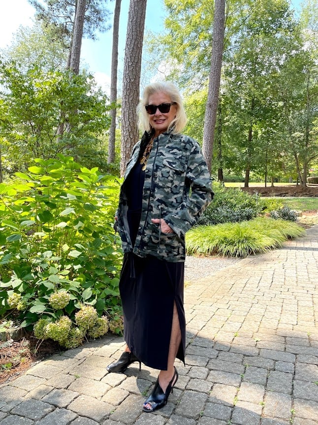 Camouflage Jacket Over Black Dress Camouflage Jacket Over Black Dress — Trendy Camo Outfits