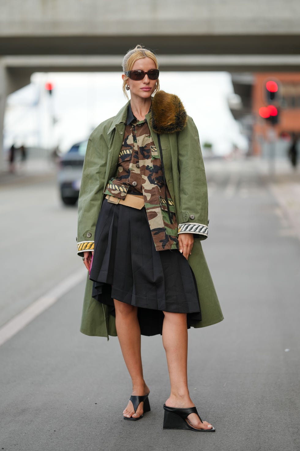 Camo Shirt Under Trench Coat With Skirt Camo Shirt Under Trench Coat With Skirt — Trendy Camo Outfits