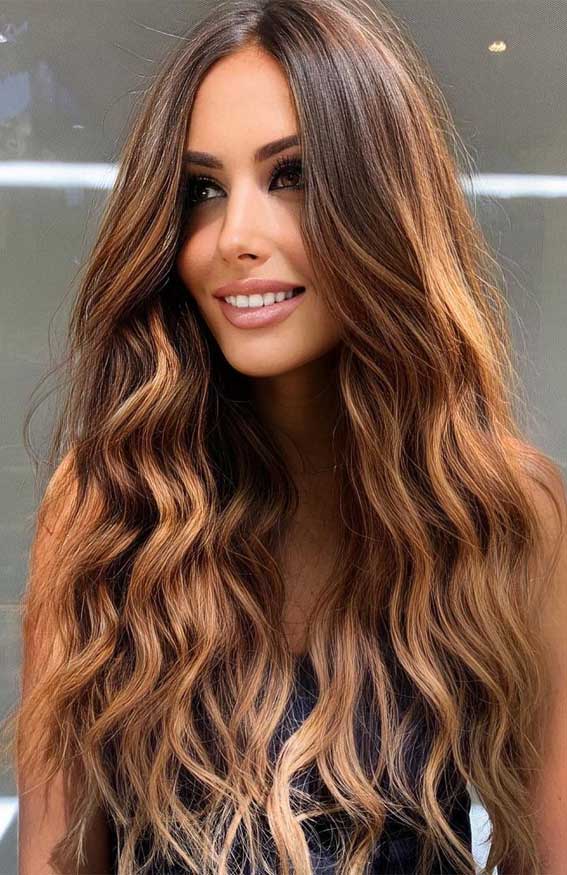50 Trendy Hair Colors To Wear in Winter : Brown Hair with Golden Caramel Hair
