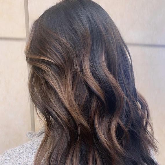 Collarbone Dark Brown With Caramel Balayage, Wavy Collarbone Dark Brown With Caramel Balayage, Wavy — Trendy Caramel Hair Color
