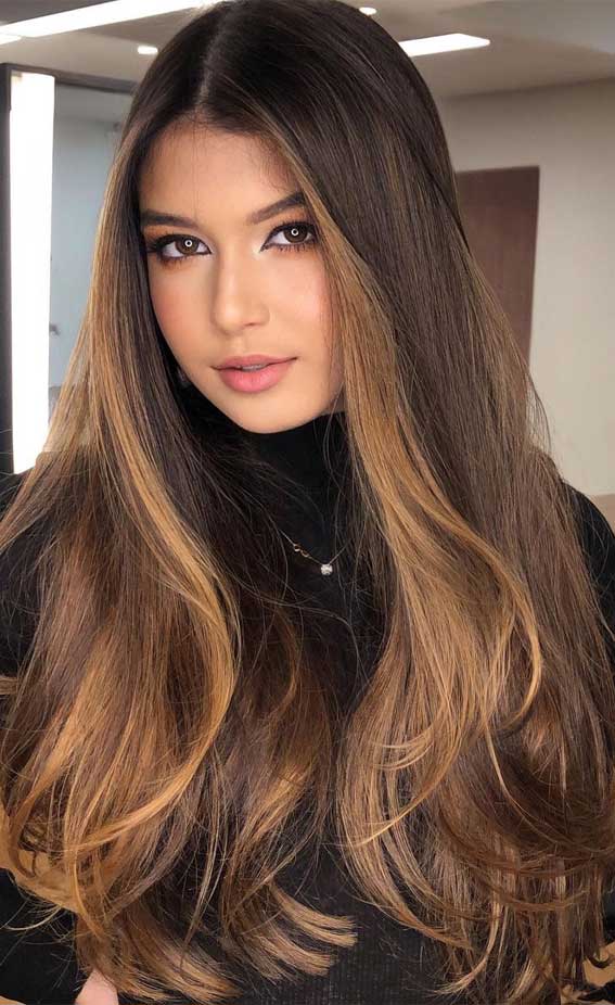 Long Straight Dark Brown With Golden Caramel Highlights, Mid-Back Long Straight Dark Brown With Golden Caramel Highlights, Mid-Back — Trendy Caramel Hair Color