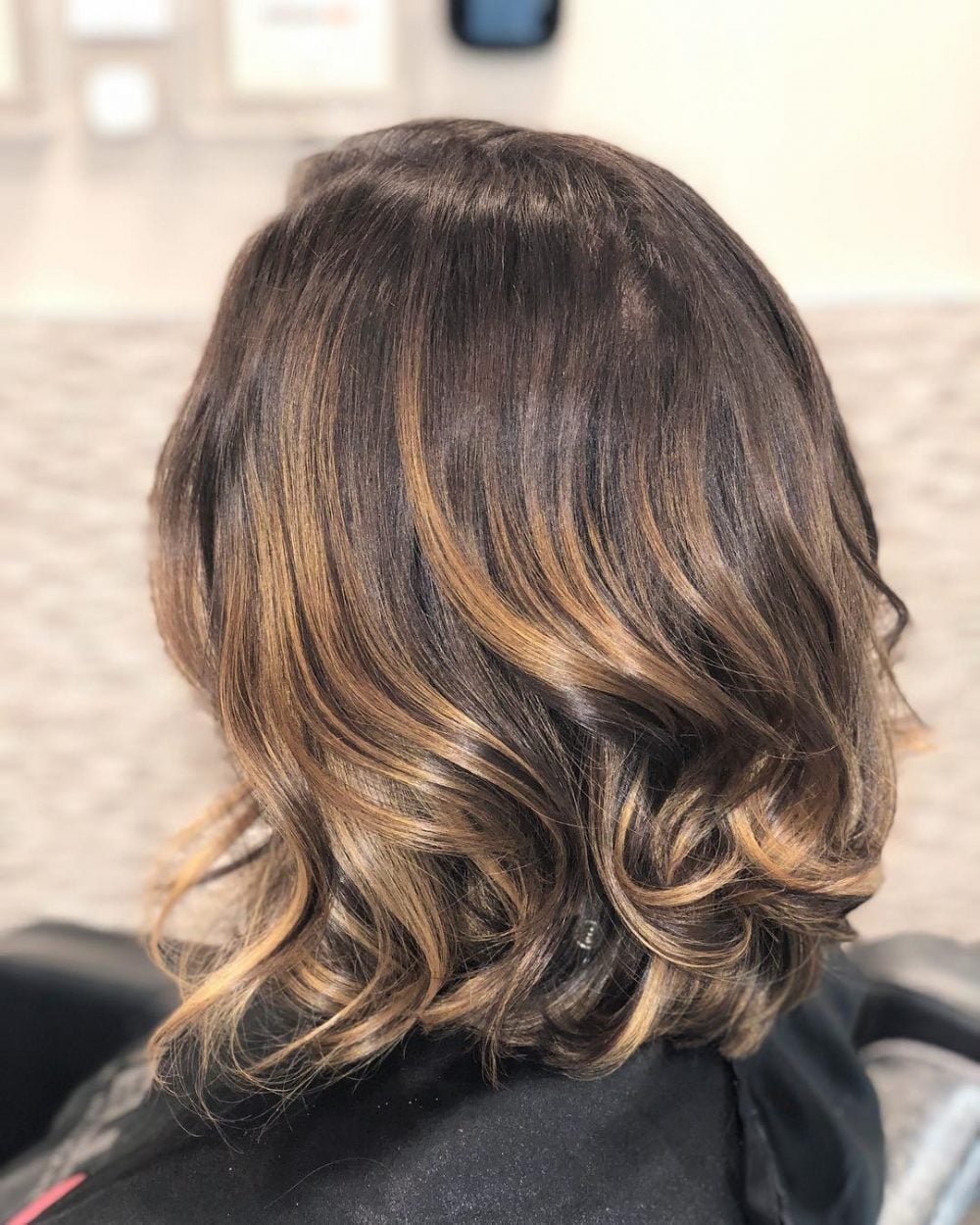 Chin Length Dark Brown Lob With Caramel Highlights Chin Length Dark Brown Lob With Caramel Highlights — Trendy Caramel Hair Color