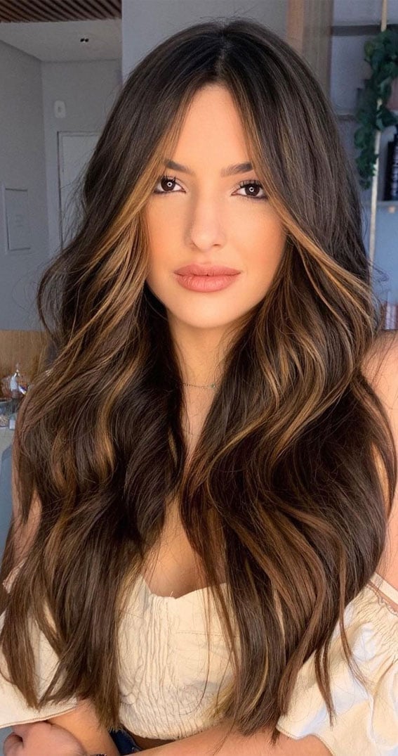 Brown Base With Melted Caramel Tones Mid-Back Brown Base With Melted Caramel Tones Mid-Back — Trendy Caramel Hair Color