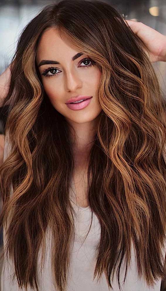 Dark Brown With Golden Caramel Balayage And Layers Dark Brown With Golden Caramel Balayage And Layers — Trendy Caramel Hair Color