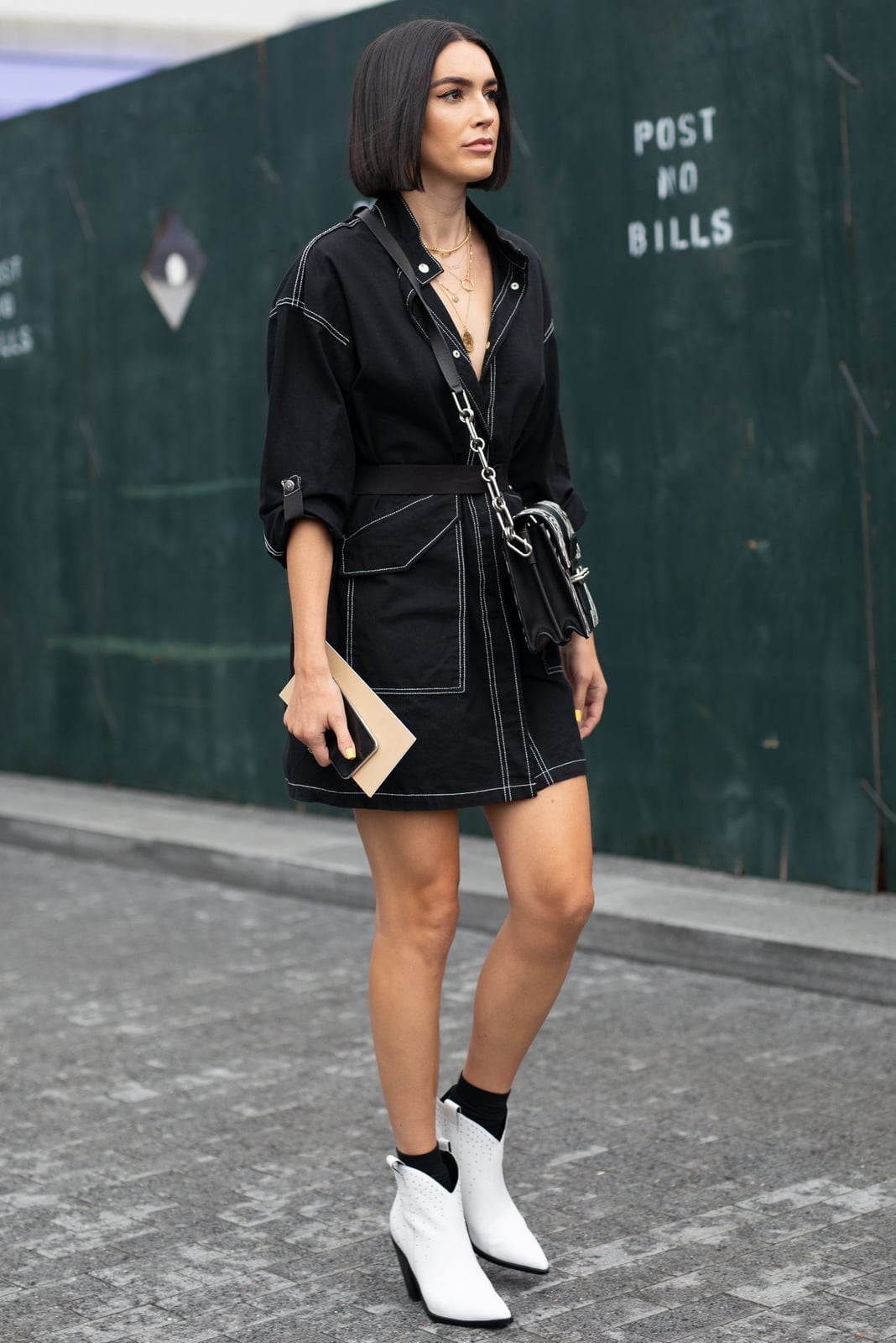Black Denim Shirt Dress With Contrast Stitching and White Ankle Boots Black Denim Shirt Dress With Contrast Stitching and White Ankle Boots — Trendy Casual Birthday Outfit