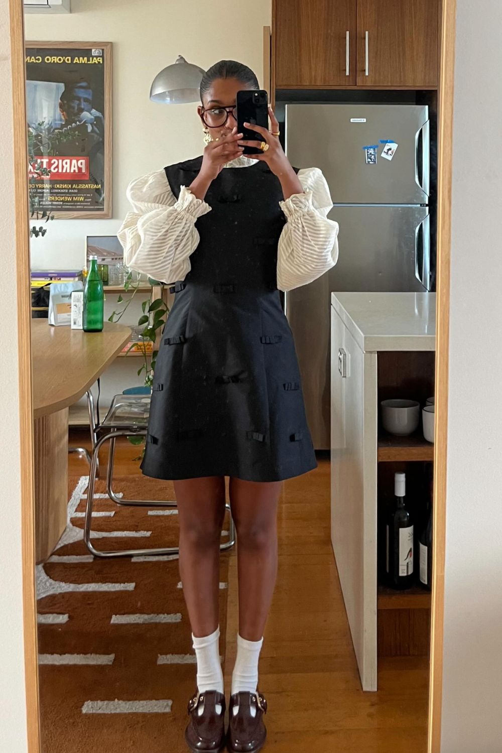 Black Mini Dress With Bows And White Puff Sleeves Black Mini Dress With Bows And White Puff Sleeves — Trendy Casual Birthday Outfit