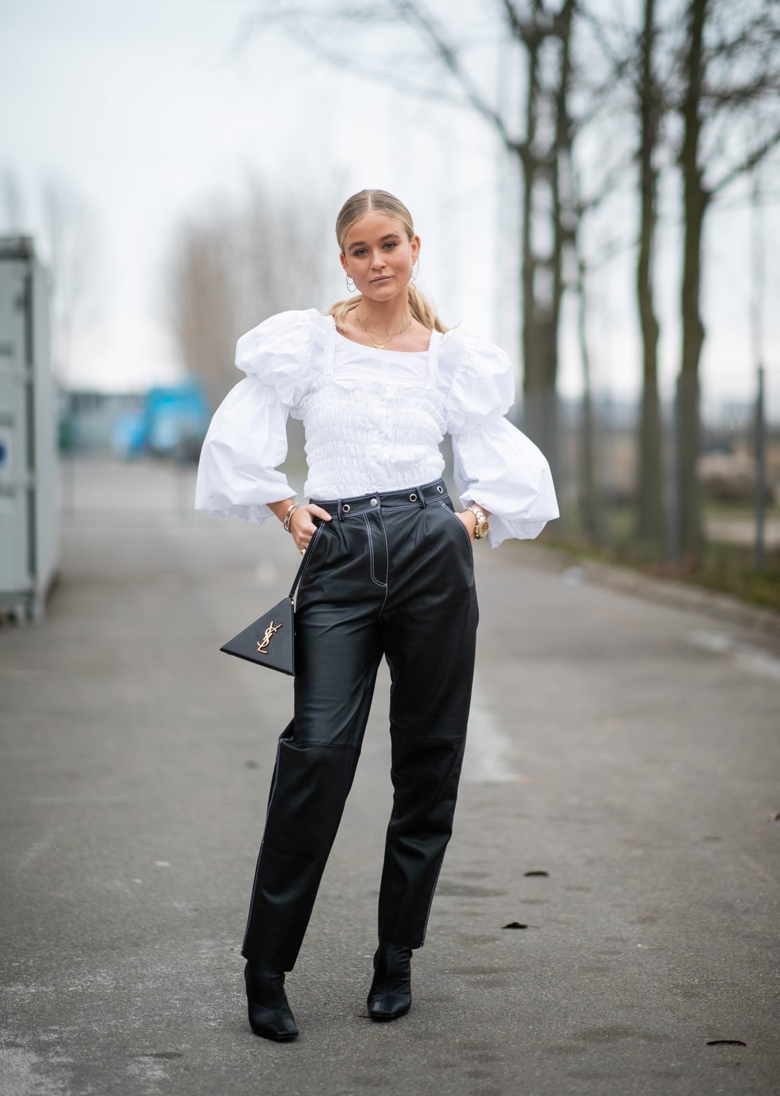White Puff Sleeve Top With Black Leather Trousers White Puff Sleeve Top With Black Leather Trousers — Trendy Casual Birthday Outfit