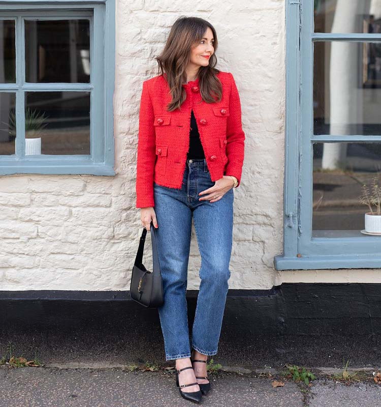 Red Tweed Jacket Over Black Top And Blue Jeans Red Tweed Jacket Over Black Top And Blue Jeans — Trendy Casual Birthday Outfit