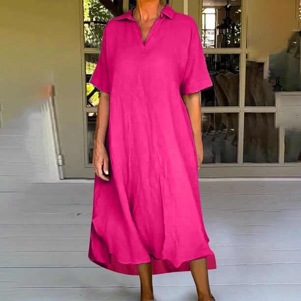 Bright Pink Collared Dress With Flat Sandals Bright Pink Collared Dress With Flat Sandals — Trendy Casual Birthday Outfit