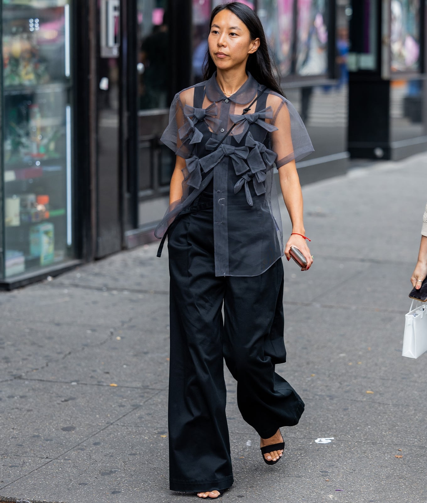 Sheer Black Shirt With Wide Leg Trousers, Close-Up Take Sheer Black Shirt With Wide Leg Trousers, Close-Up Take — Trendy Casual Birthday Outfit