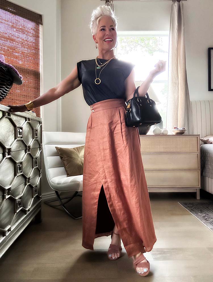 Black Sleeveless Top With Rust Maxi Skirt, Office-Safe Version Black Sleeveless Top With Rust Maxi Skirt, Office-Safe Version — Trendy Casual Birthday Outfit