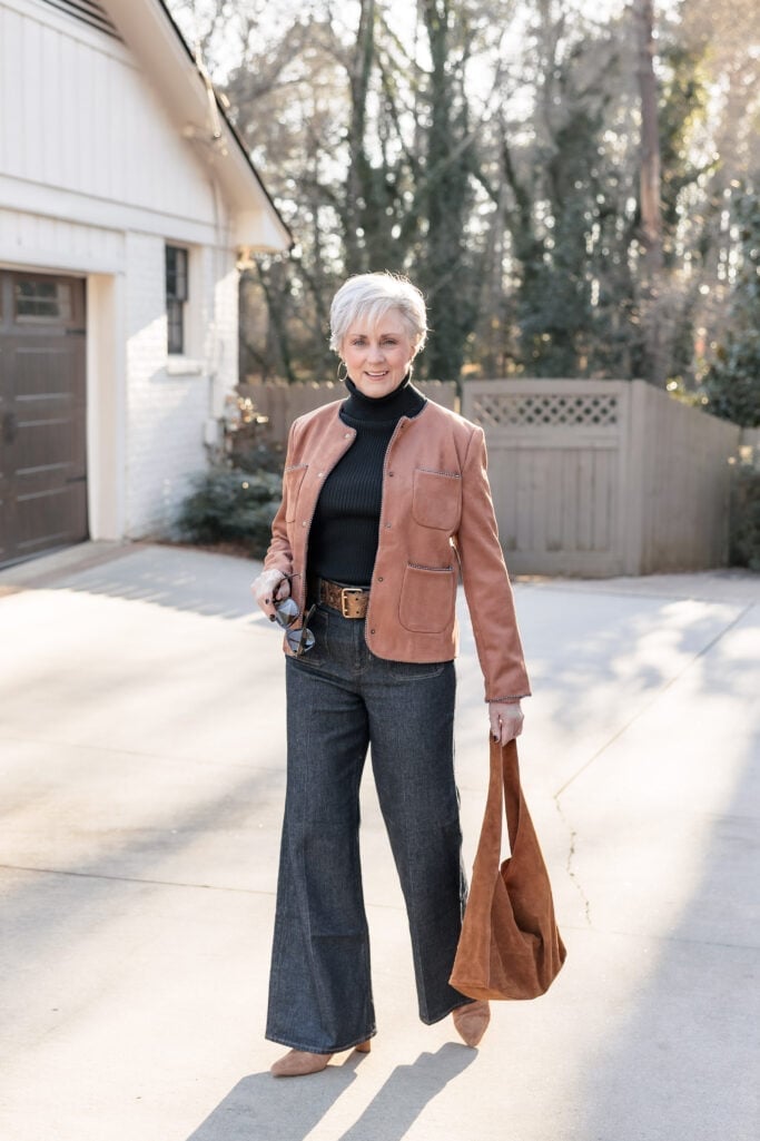 Suede Jacket Over Turtleneck and Denim Suede Jacket Over Turtleneck and Denim — Trendy Casual Church Outfit