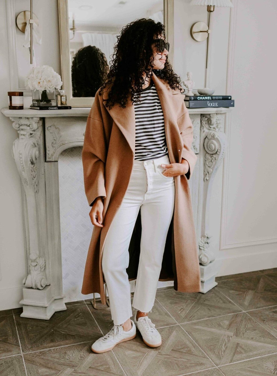 Camel Coat Over Striped Tee and Jeans Camel Coat Over Striped Tee and Jeans — Trendy Casual Church Outfit
