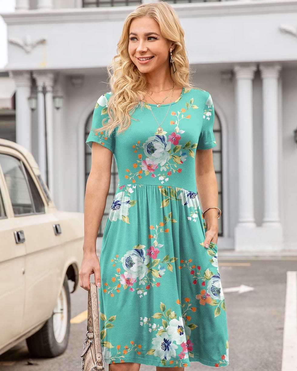 Teal Floral Dress with Gold Accessories Teal Floral Dress with Gold Accessories — Trendy Casual Church Outfit