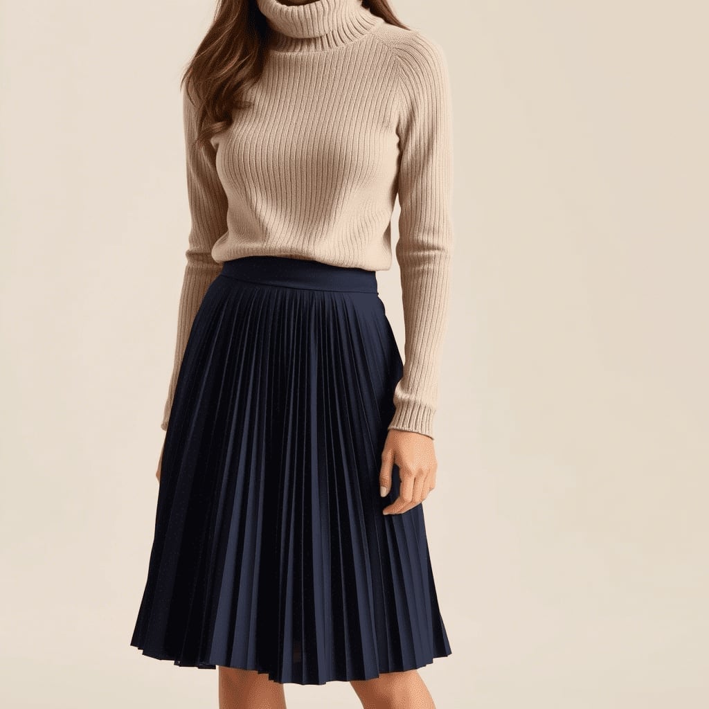 Turtleneck and Navy Pleated Skirt Turtleneck and Navy Pleated Skirt — Trendy Casual Church Outfit