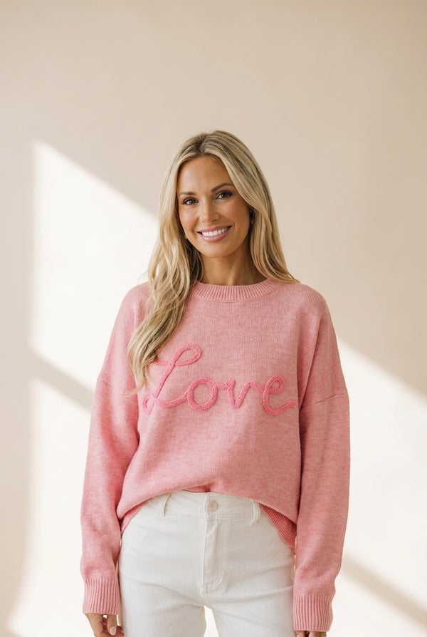 Pink Sweater with 'love' Text Pink Sweater with 'love' Text — Trendy Casual Church Outfit