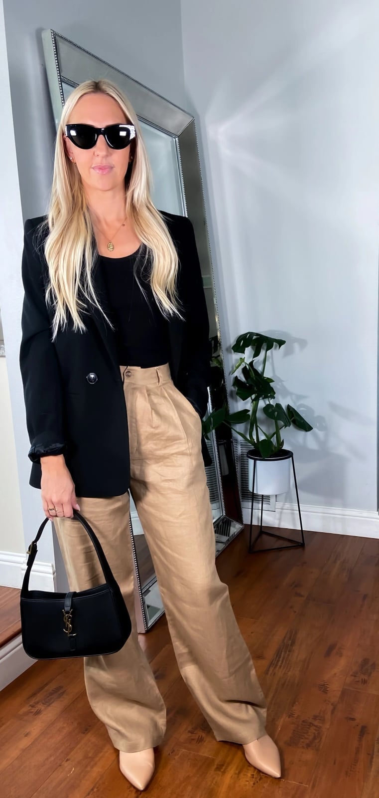 Black Blazer Elevates Neutral Trousers Black Blazer Elevates Neutral Trousers — Trendy Casual Church Outfit