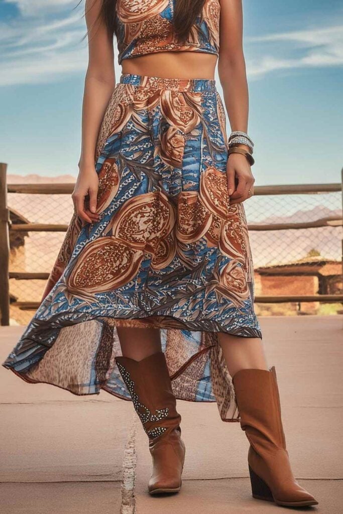 Printed Midi Skirt With Cropped Top And Studded, Office-Safe Version Printed Midi Skirt With Cropped Top And Studded, Office-Safe Version — Trendy Casual Concert Outfit