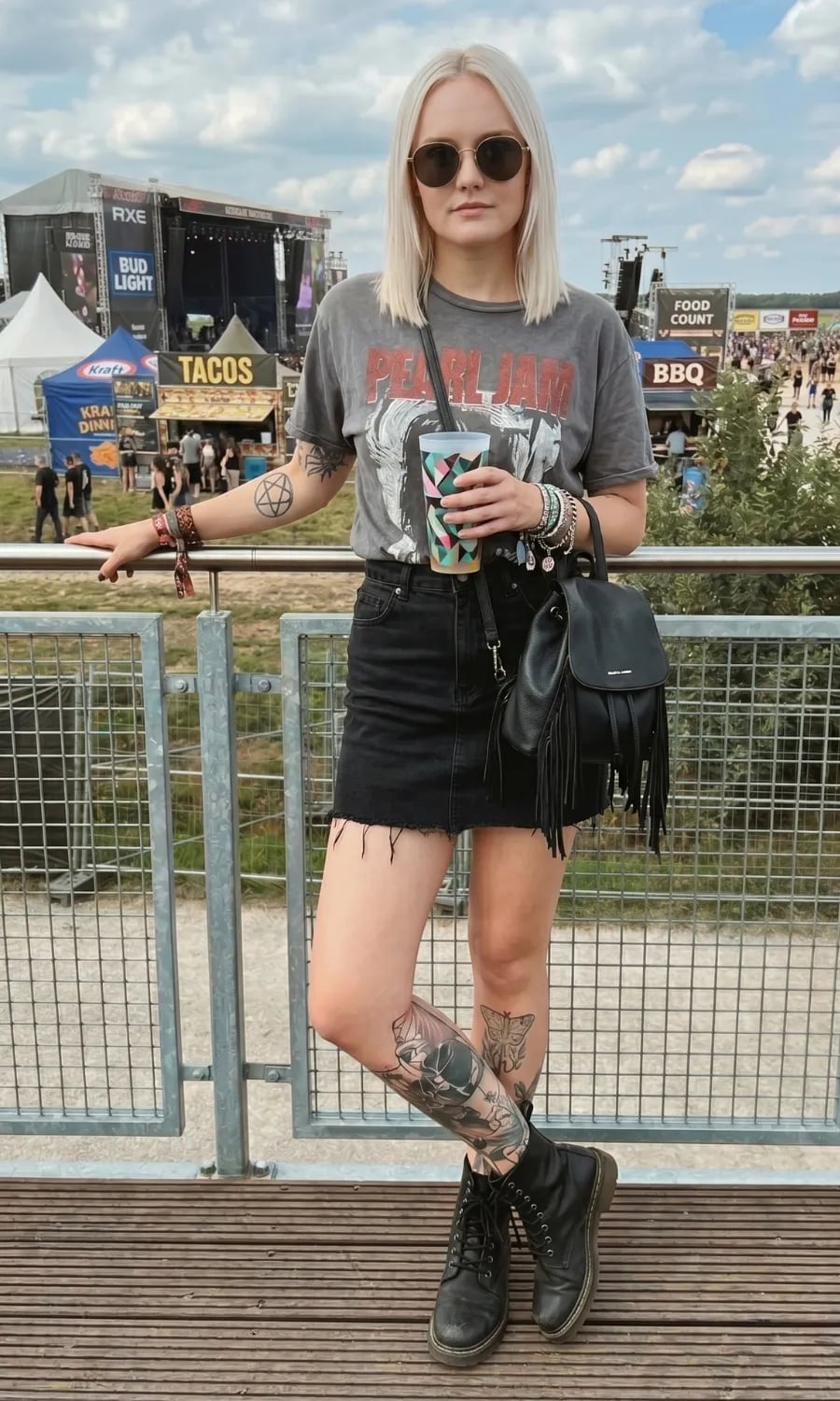 Band T-Shirt With Denim Mini Skirt And Combat Boots Band T-Shirt With Denim Mini Skirt And Combat Boots — Trendy Casual Concert Outfit