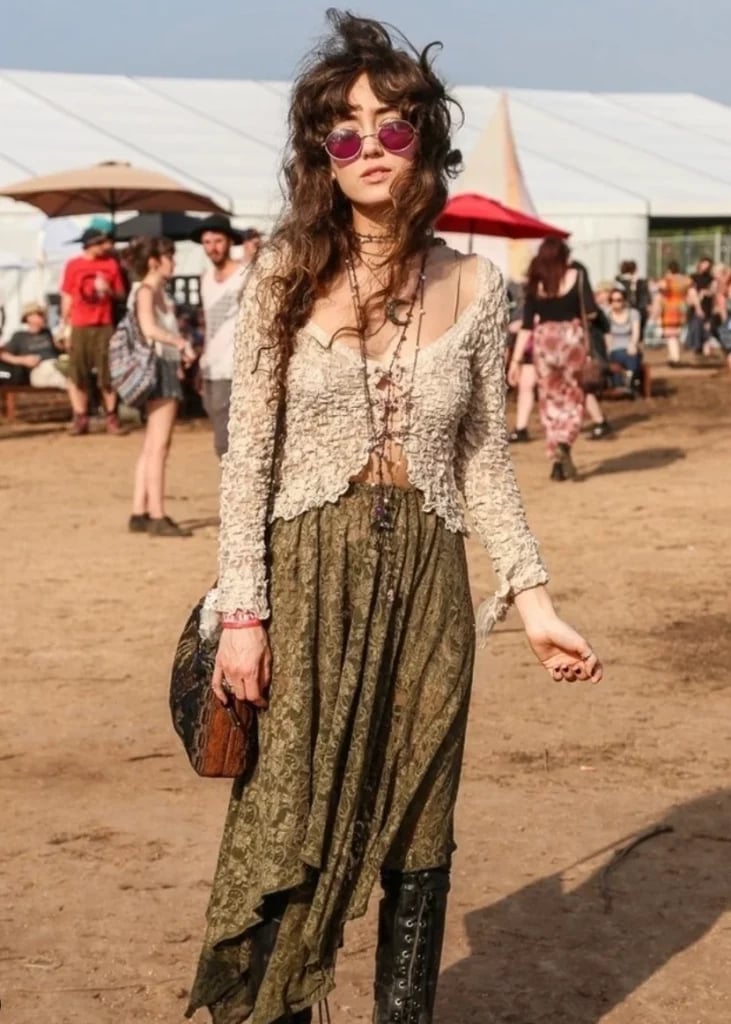 Lace Top With Patterned Maxi Skirt And Layered Necklaces Lace Top With Patterned Maxi Skirt And Layered Necklaces — Trendy Casual Concert Outfit