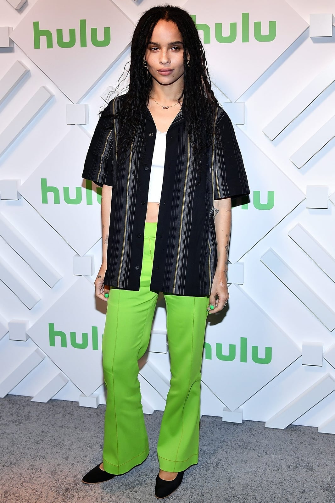 Striped Button-Down with Neon Green Wide-Leg Trousers Striped Button-Down with Neon Green Wide-Leg Trousers — Trendy Casual Dinner Outfit