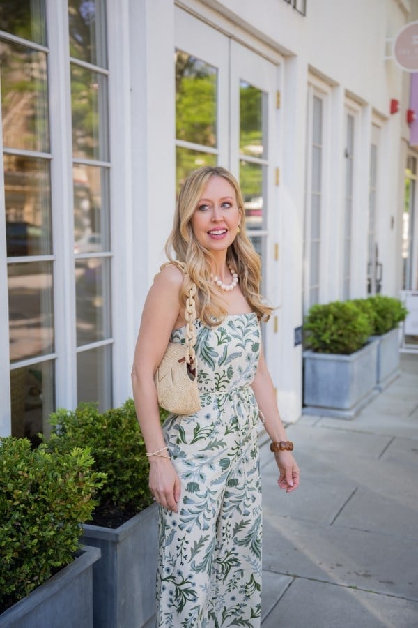 Floral Print Strapless Jumpsuit with Espadrille Wedges Floral Print Strapless Jumpsuit with Espadrille Wedges — Trendy Casual Dinner Outfit