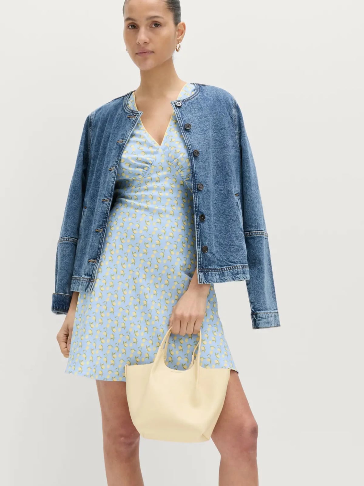 Printed Mini Dress with Denim Jacket Printed Mini Dress with Denim Jacket — Trendy Casual Dinner Outfit