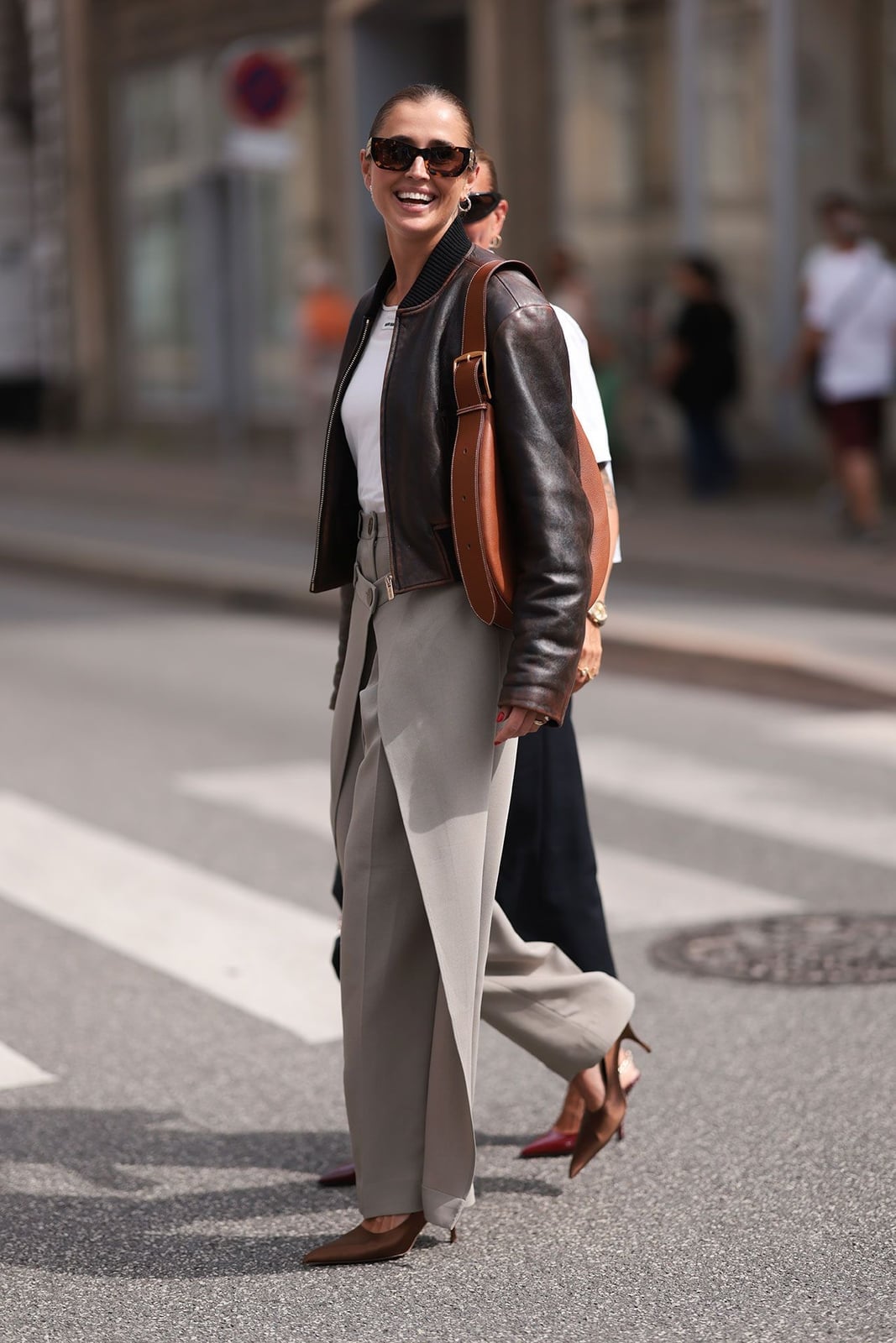 Leather Bomber Jacket with Grey Wide-Leg Trousers Leather Bomber Jacket with Grey Wide-Leg Trousers — Trendy Casual Dinner Outfit