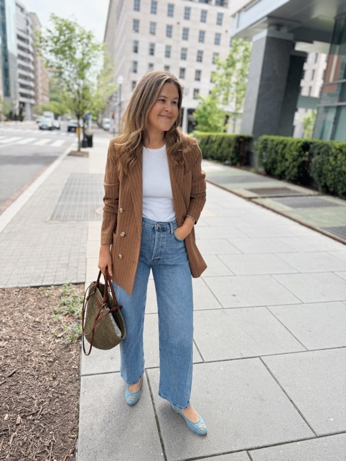 Pinstripe Blazer with Wide-Leg Jeans and Ballet Flats Pinstripe Blazer with Wide-Leg Jeans and Ballet Flats — Trendy Casual Dinner Outfit