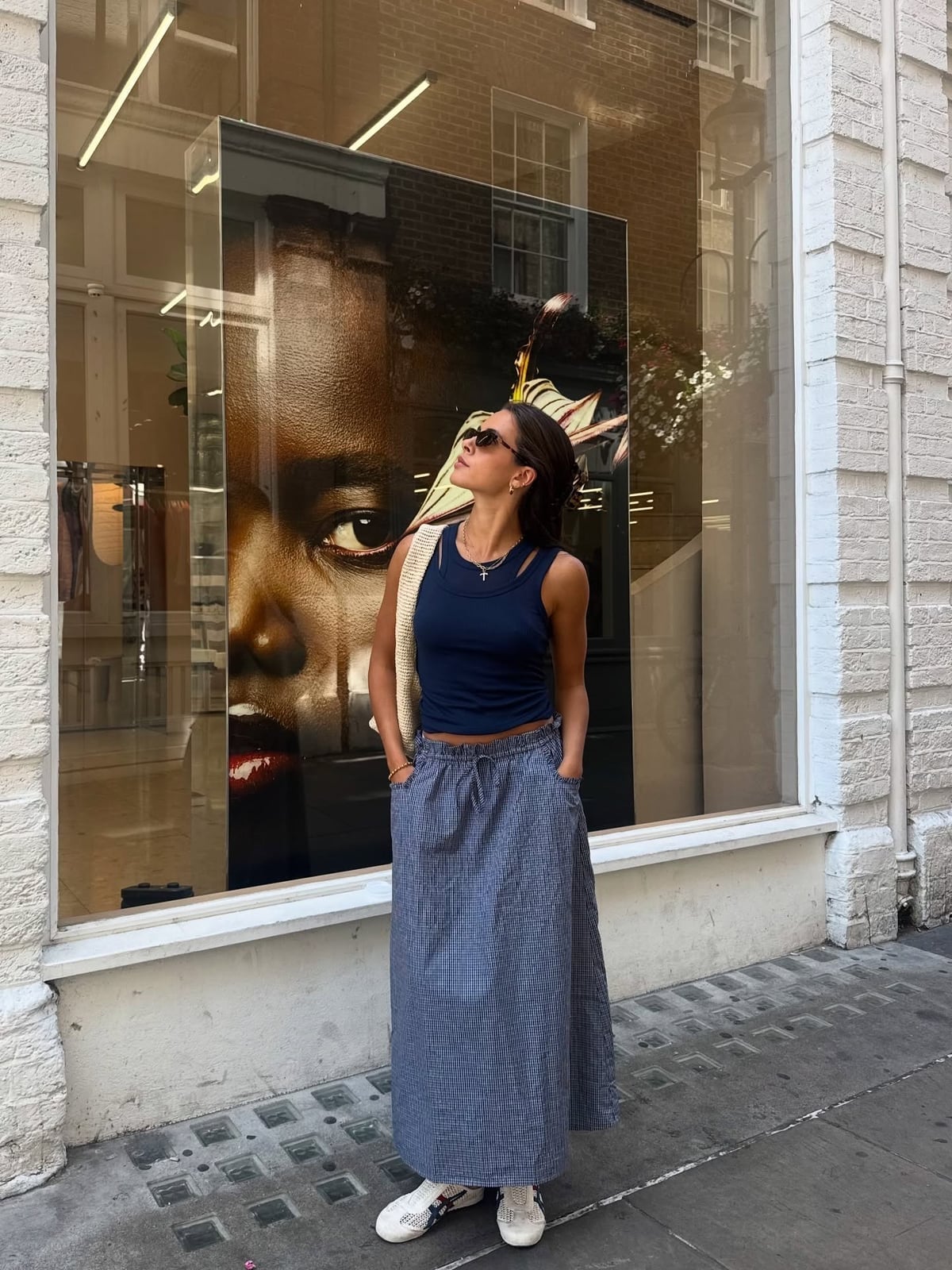 Gingham Maxi Skirt with Tank Top and Sneakers Gingham Maxi Skirt with Tank Top and Sneakers — Trendy Casual Dinner Outfit