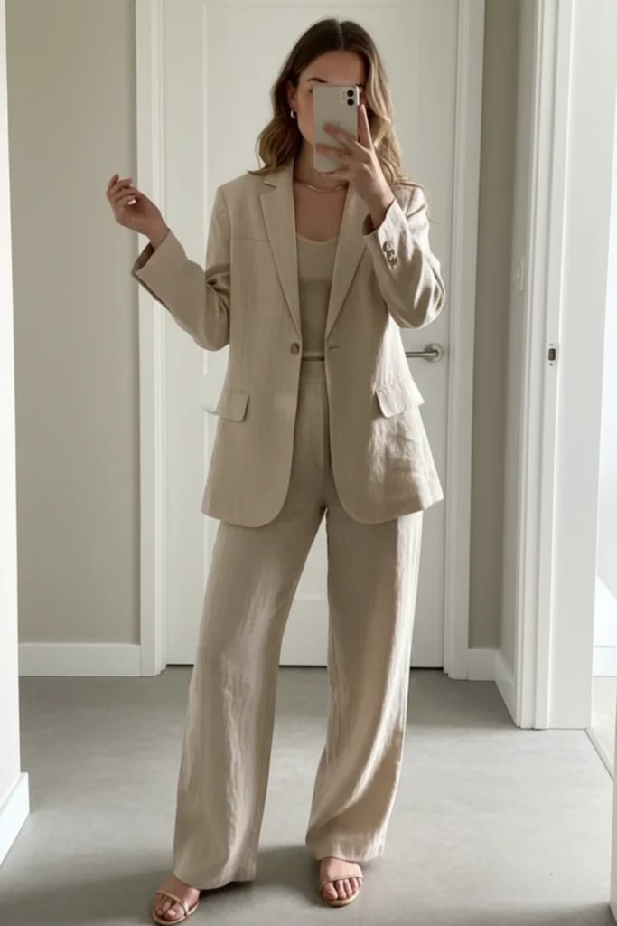 Oversized Linen Suit with Camisole and Strappy Heels Oversized Linen Suit with Camisole and Strappy Heels — Trendy Casual Dinner Outfit