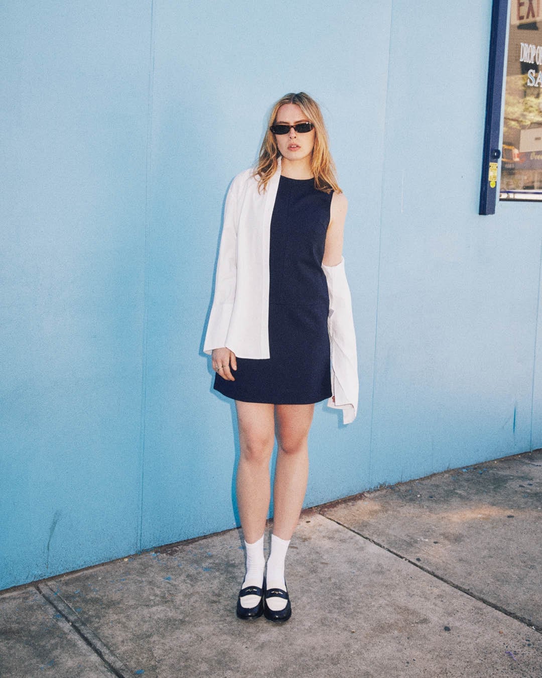 Mini Dress with Oversized Shirt and Loafers Mini Dress with Oversized Shirt and Loafers — Trendy Casual Dinner Outfit