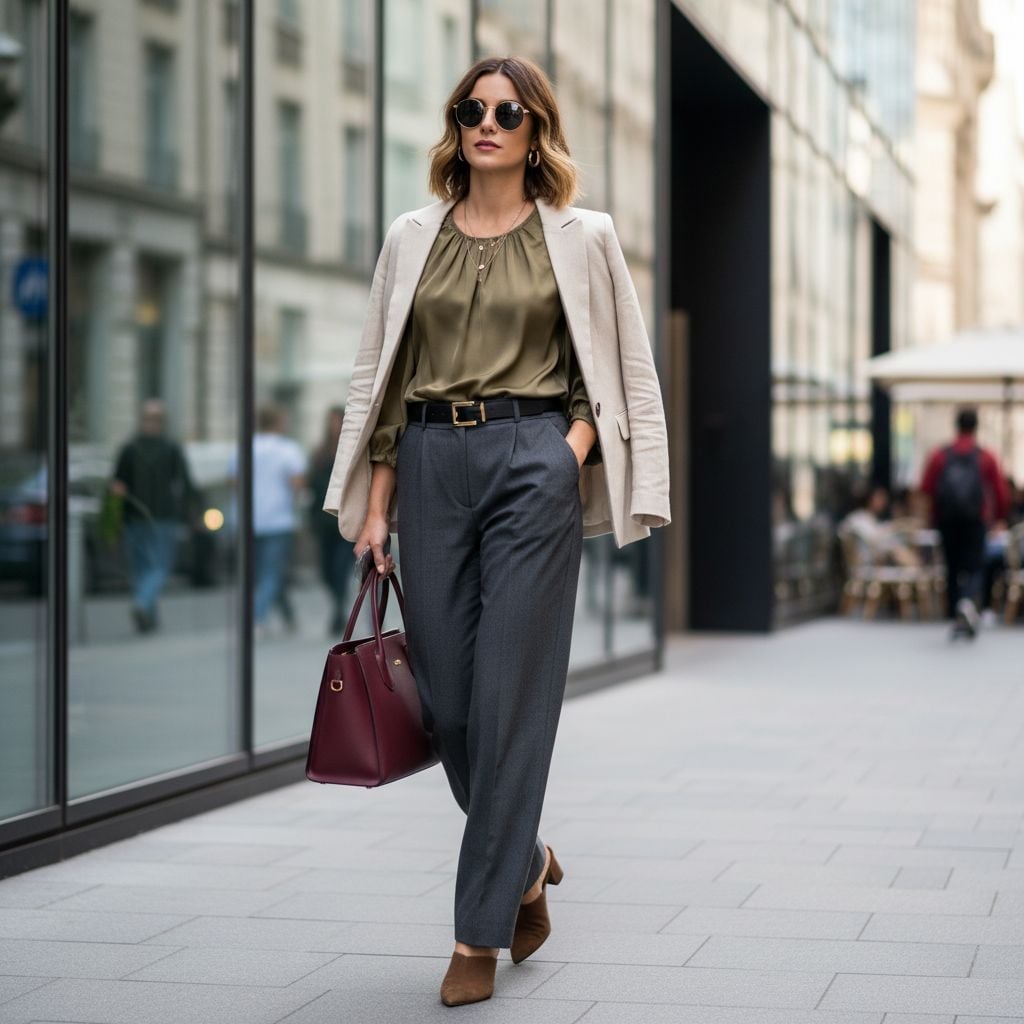 Linen Blazer Draped Over Silk Blouse and Wide-Leg Trousers Linen Blazer Draped Over Silk Blouse and Wide-Leg Trousers — Trendy Casual Dinner Outfit