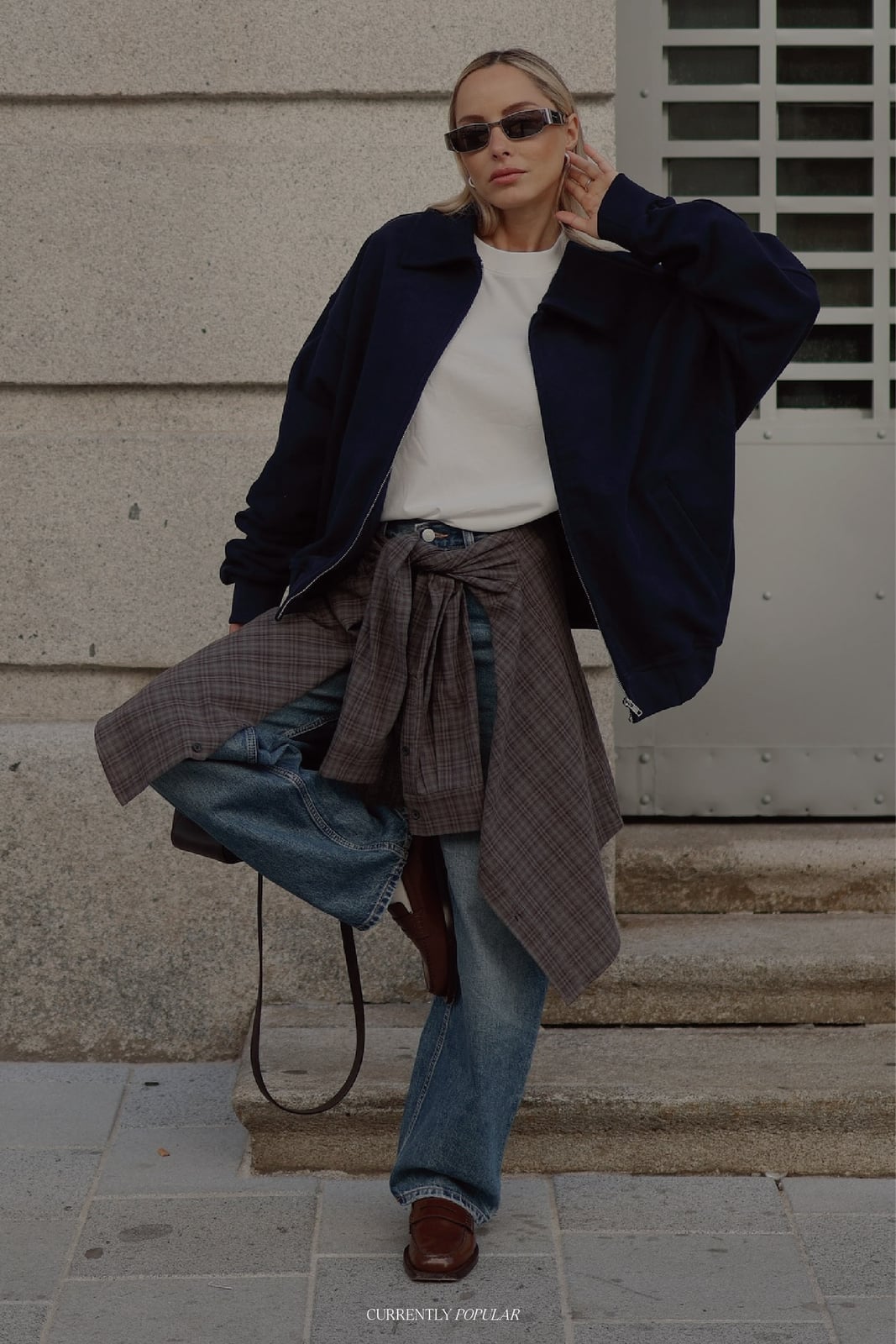 Bomber Jacket with Plaid Shirt Tied at Waist Bomber Jacket with Plaid Shirt Tied at Waist — Trendy Casual Dinner Outfit